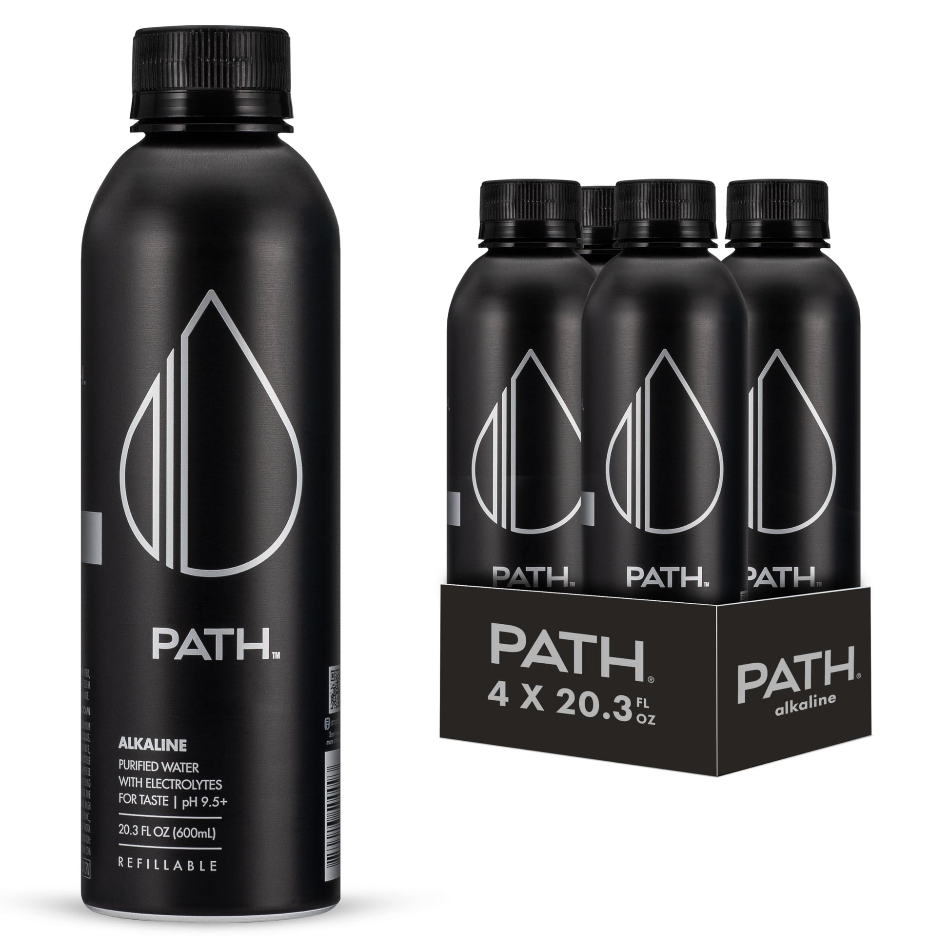 Path Alkaline Bottled Water - 9.5 Ph-Balanced Purified Water With Electrolytes In Aluminum Bottle - Bpa-Free, Reusable, Infinitely Recyclable - Pure, Crisp, Refreshing Taste 20.3 Fl Oz (Pack Of 4)