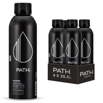 Path Alkaline Bottled Water - 9.5 Ph-Balanced Purified Water With Electrolytes In Aluminum Bottle - Bpa-Free, Reusable, Infinitely Recyclable - Pure, Crisp, Refreshing Taste 20.3 Fl Oz (Pack Of 4)