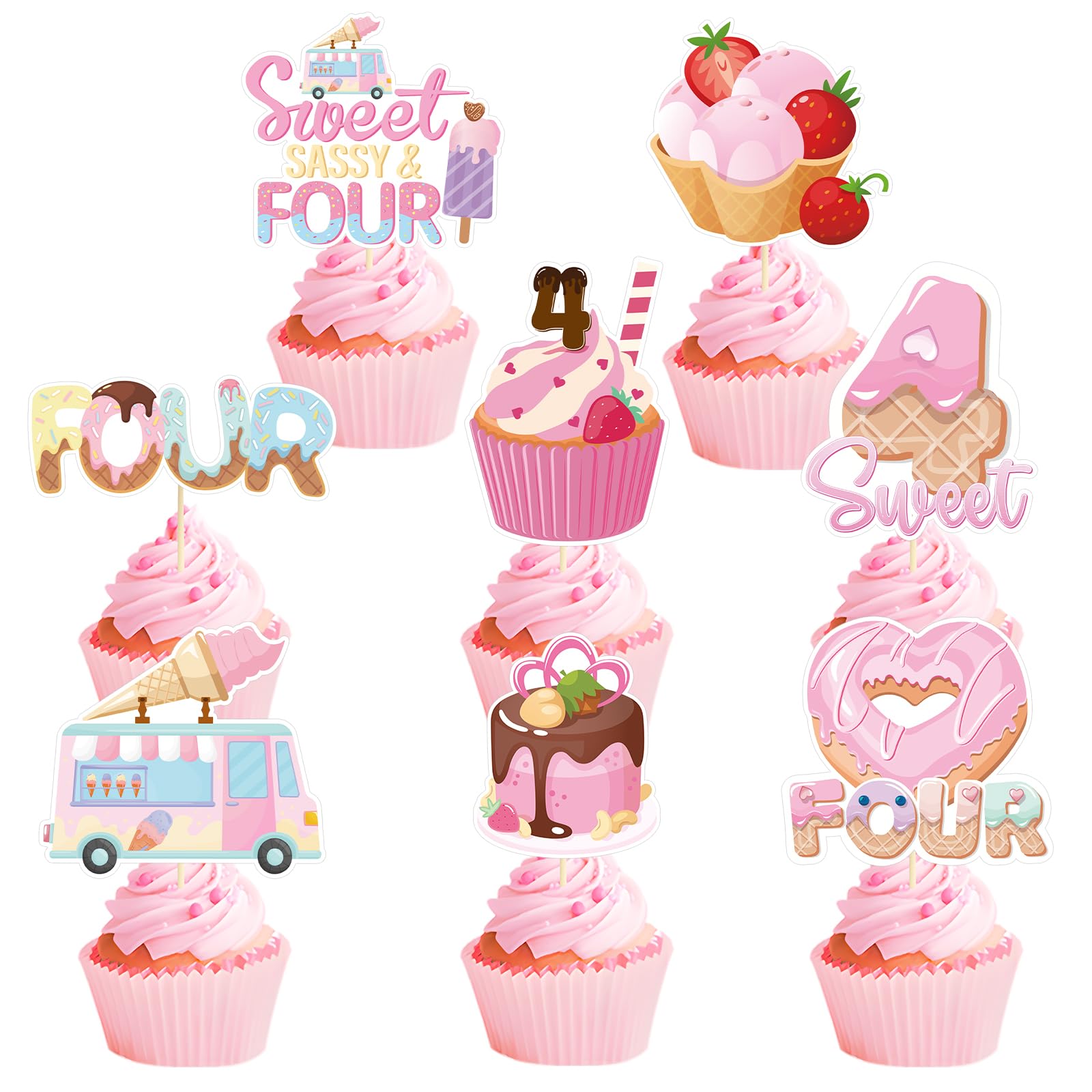4th Birthday Party Decorations Girl - Joybileefun 40PCS Sweet Sassy and Four Ice Cream Party Decorations Cupcake Toppers Four Ev