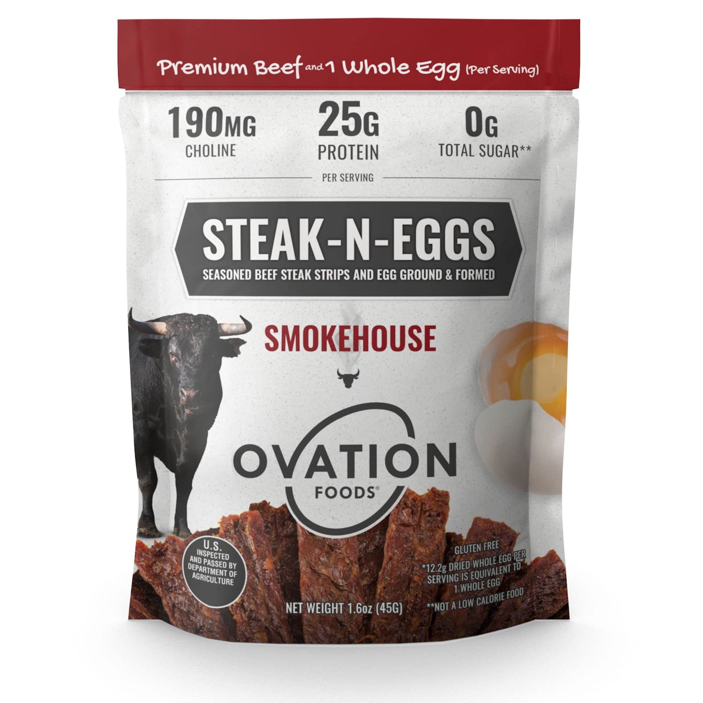 Ovation Foods Steak-N-Eggs Beef Strips, High-Protein Jerky, Gluten Free, KETO, 1.6oz Bag