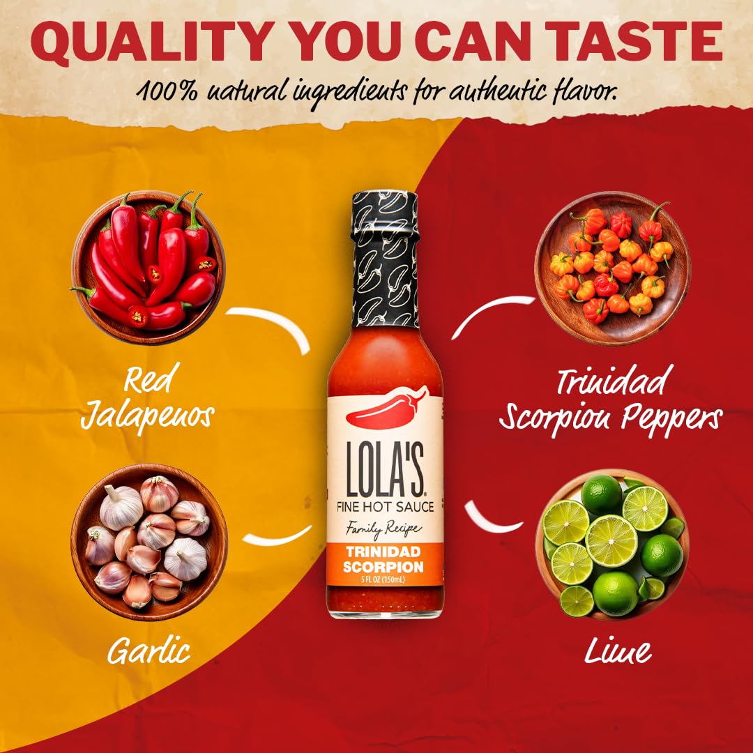 Lolas Fine Hot Sauce Trinidad Scorpion - All-Natural, Low Sodium, Gluten-Free, Keto - 5 Fl Oz (Pack of 6)