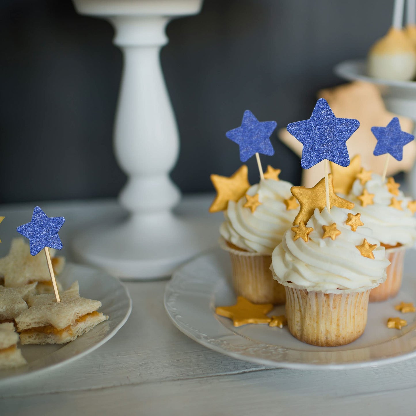 Gyufise 42Pcs Mixed Size Deep Blue Little Star Cupcake Toppers Glitter Twinkle Star Cupcake Picks For Wedding Engagement Bridal