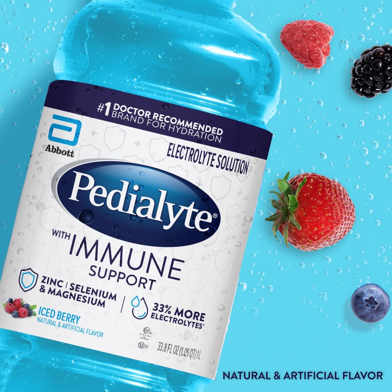Pedialyte With Immune Support Electrolyte Solution, Hydration Drink With Zinc, Selenium, And Magnesium, Iced Berry, 1 Liter, Pack Of 4