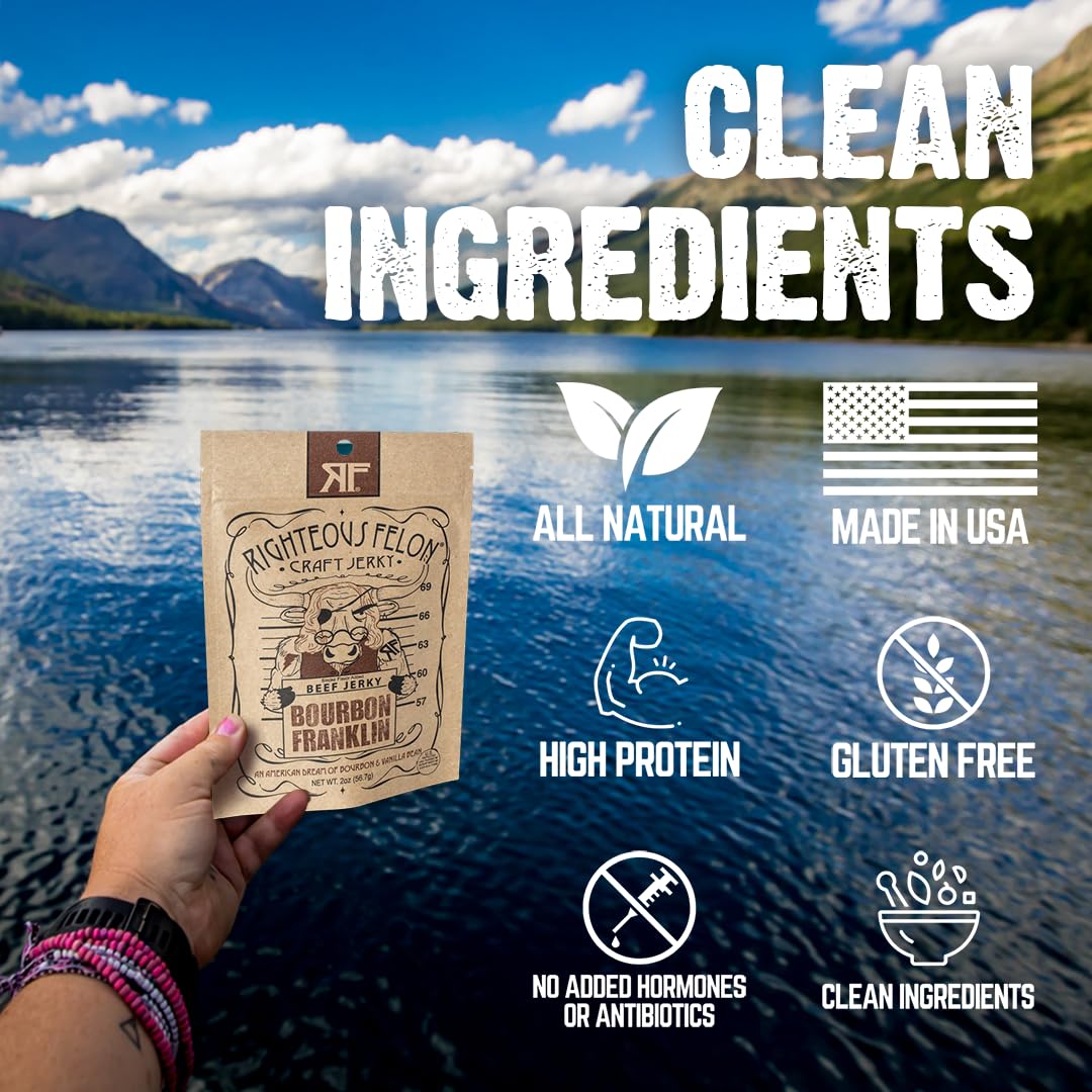 Righteous Felon Beef Jerky - spirit-inspired flavor Franklin Flavor - Low-Sugar, High-Protein - 2 Ounces Each, Pack of 3
