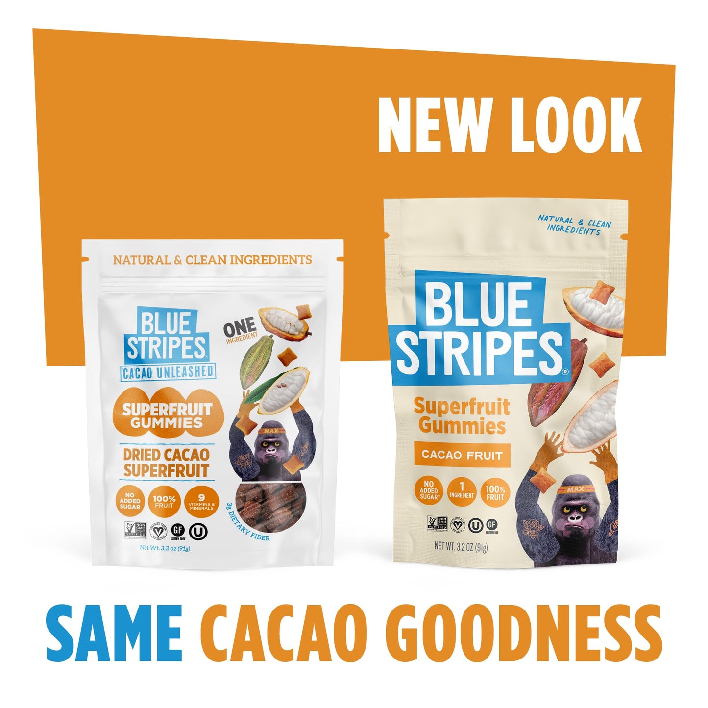 Blue Stripes Cacao Superfruit Gummies - Vegan Chewy Fruity Snack, No Sugar Added 100% Fruit Gummy, 9 Essential Vitamins & Minera