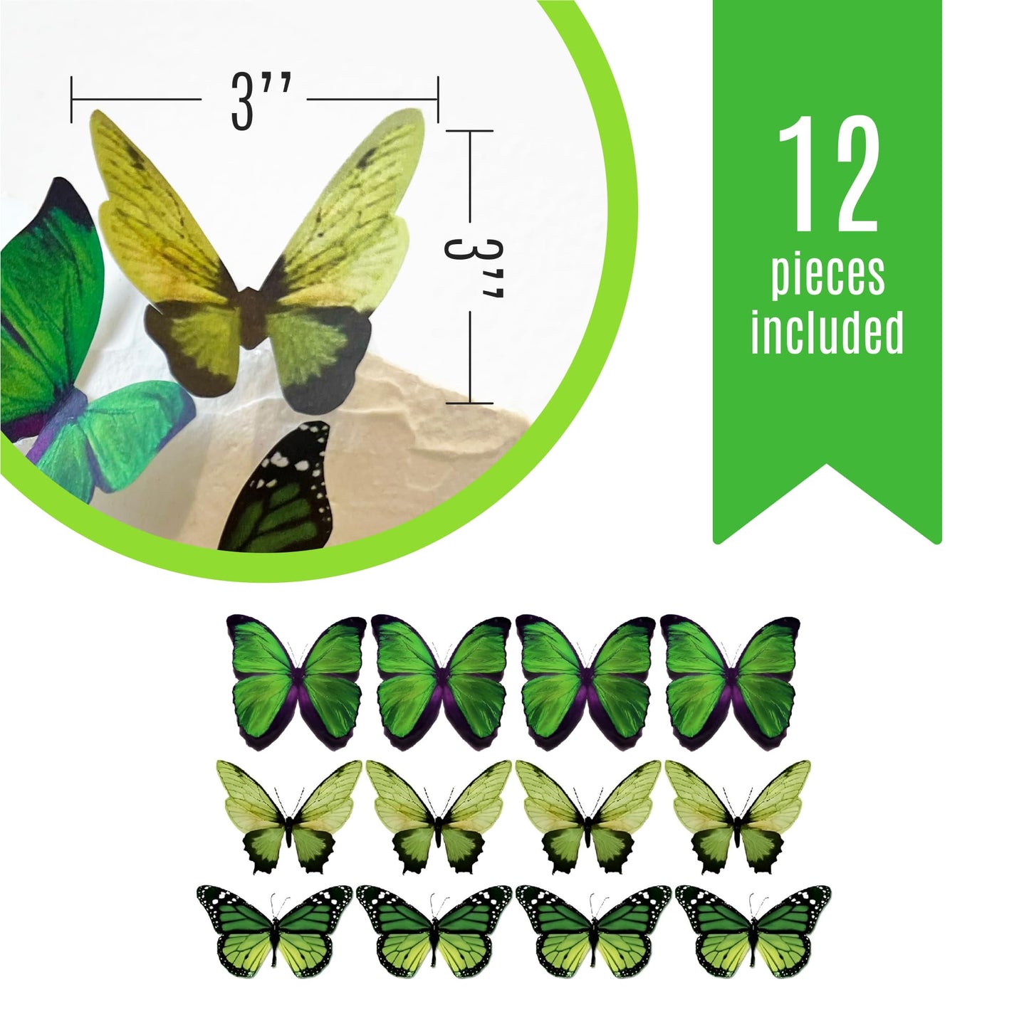 Sugar Robot Edible Butterflies - Large 3 Green Wafer Cake Toppers - Premium Crafted Decorations Made in the USA