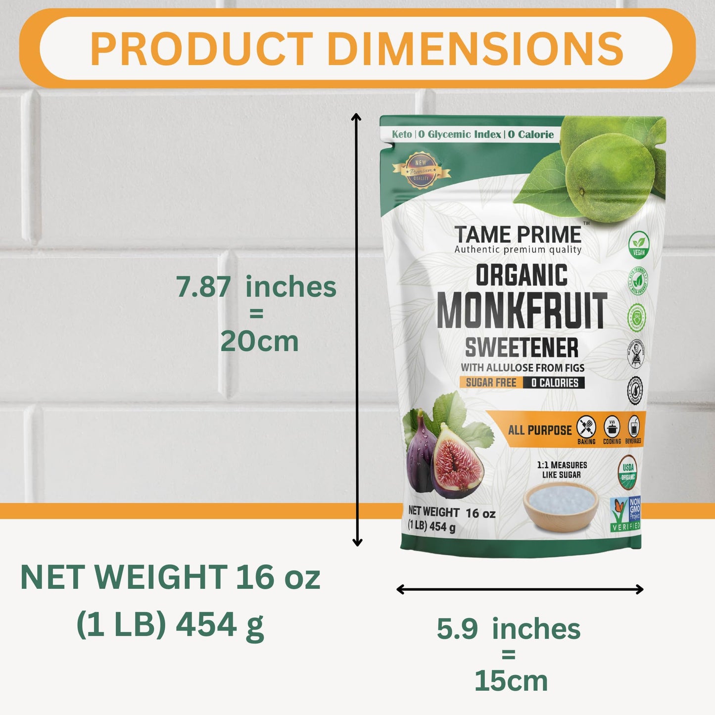 Tame Prime Usda Organic Monkfruit Sweetener With Allulose From Figs, 1 Lb (454 G), 1:1 Sweet Like Sugar, Organic Monk Fruit With