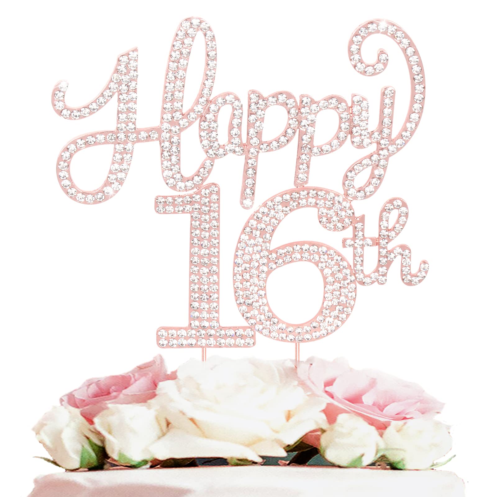Happy 16Th Birthday Rose Gold Rhinestone Cake Topper - 16Th Birthdayanniversary,Cheers To Sixteen Years Old Bday Party Metal Spa