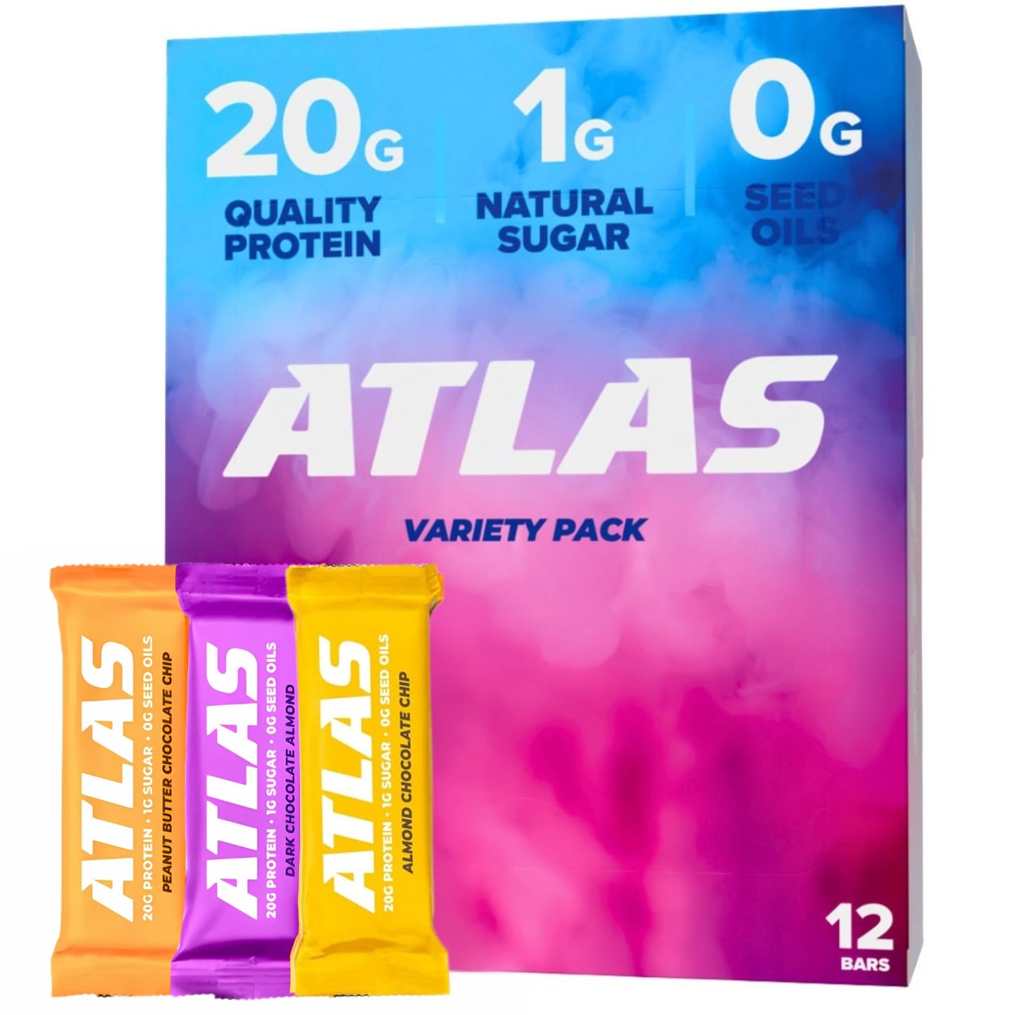 Atlas Bar - 20g Protein, 1g Sugar, 0g Seed Oils, 0g Sugar Alcohols (Variety Pack, 12 Count) (12 Count, Variety)