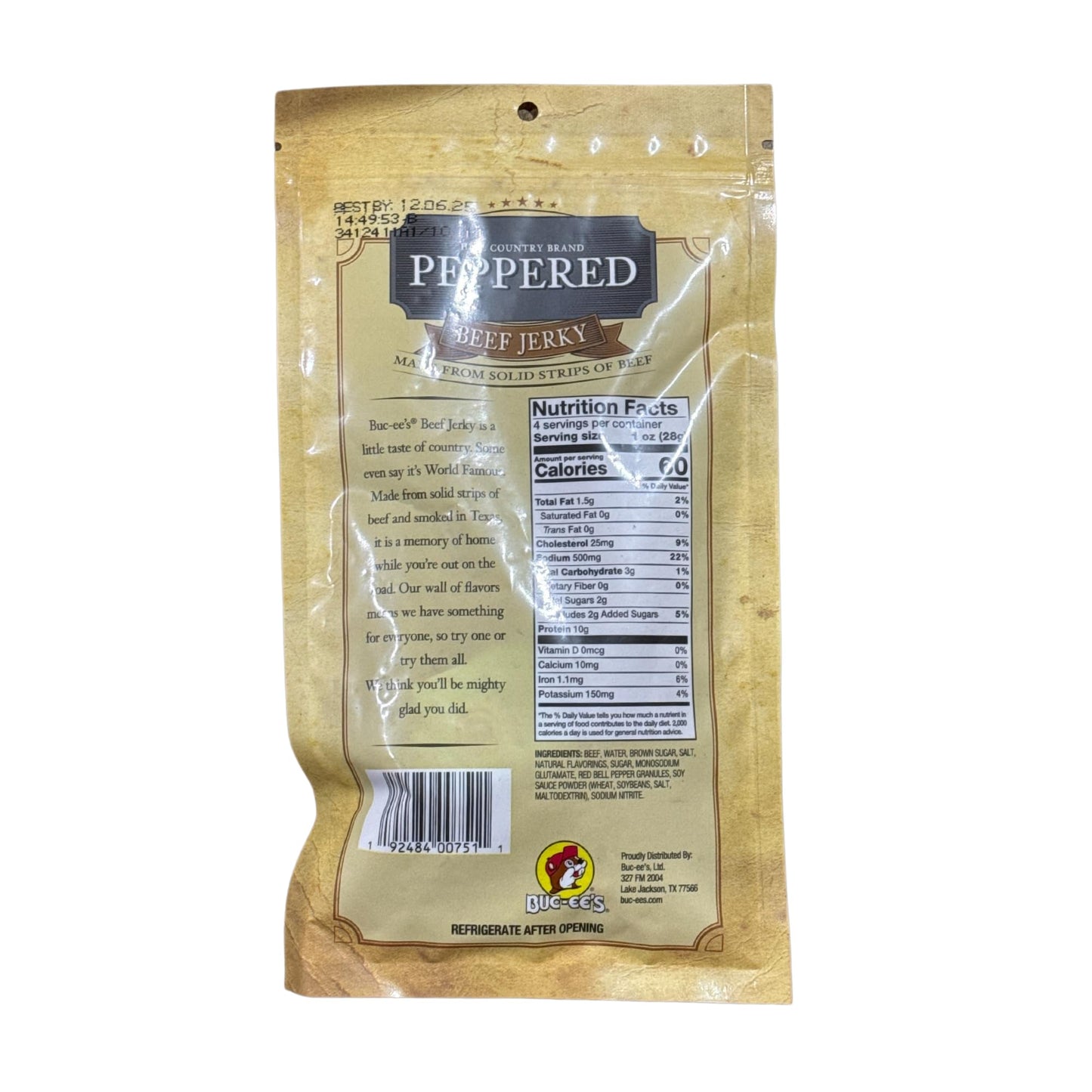 Buc-Ees Smoked Peppered Beef Jerky – 100% Lean, Dried & Tender Beef – 10G Protein Per 4 Ounce Bag For Paleo & Carnivore Diet Snacks – Perfect Meat Jerky Gift For Men & Women