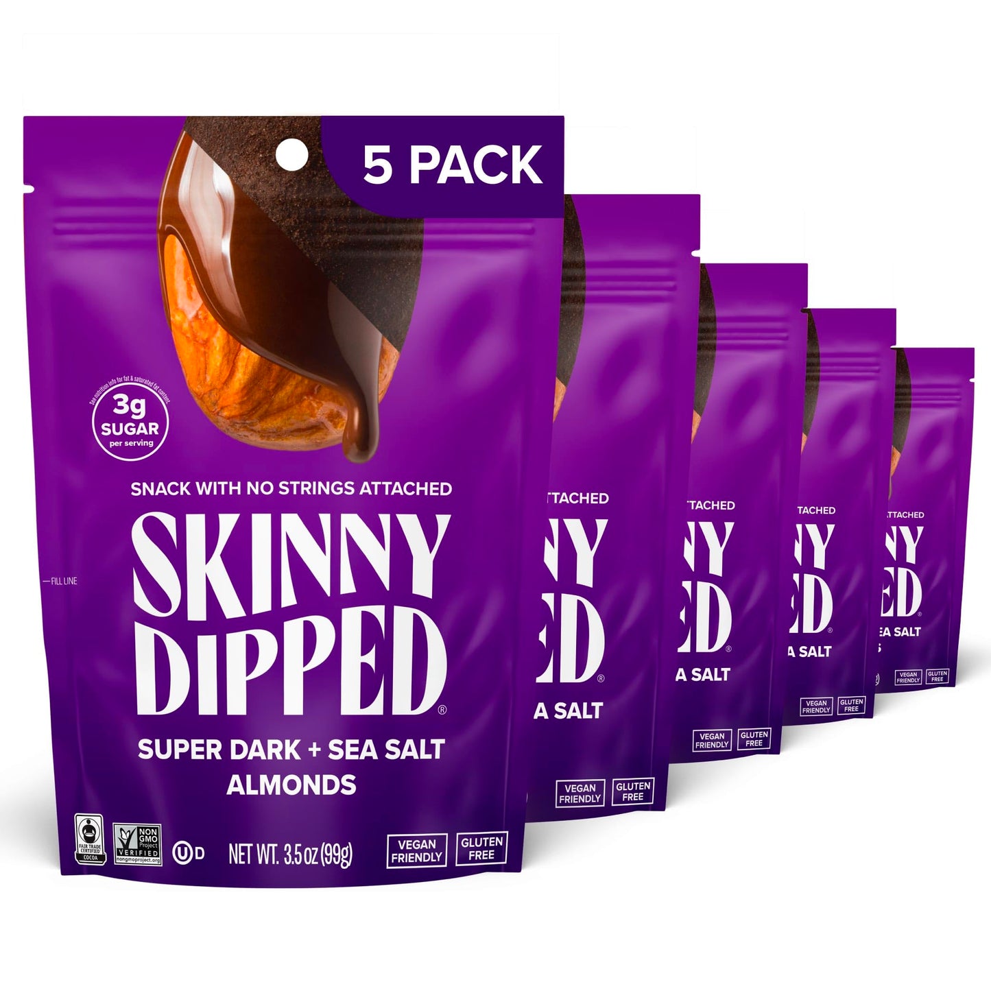 SkinnyDipped Super Dark Chocolate + Sea Salt Almonds, Vegan, Healthy Snack, Plant Protein, Gluten Free, 3.5 oz Resealable Bags, 