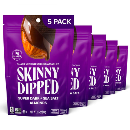 SkinnyDipped Super Dark Chocolate + Sea Salt Almonds, Vegan, Healthy Snack, Plant Protein, Gluten Free, 3.5 oz Resealable Bags, 
