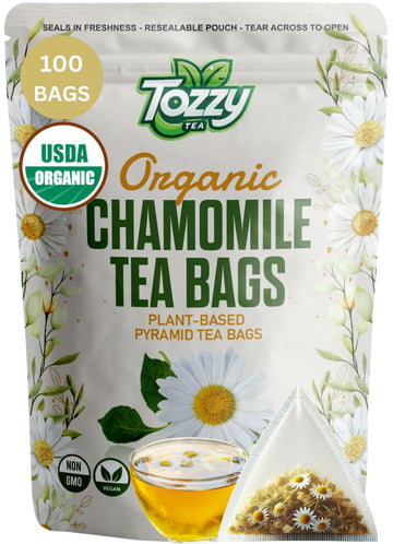 Tozzy Usda Organic Chamomile Tea - 100 Count (Pyramid Tea Bags) | Pure Plant-Based Ingredients | Eco-Conscious Packaging