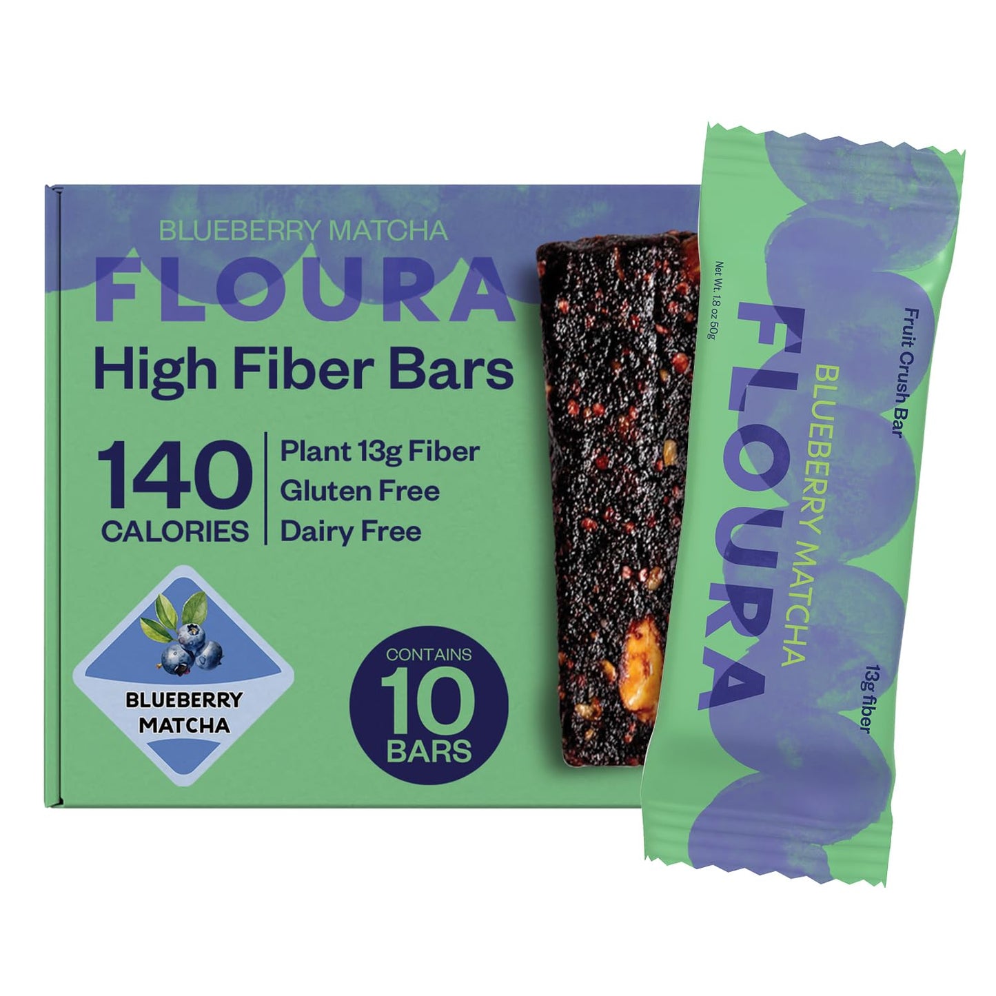 Floura Blueberry Matcha Fruit-Forward Fiber Bars- High Fiber, Vegan, Gluten & Dairy Free, Low Calorie Healthy Snack Bars with Up