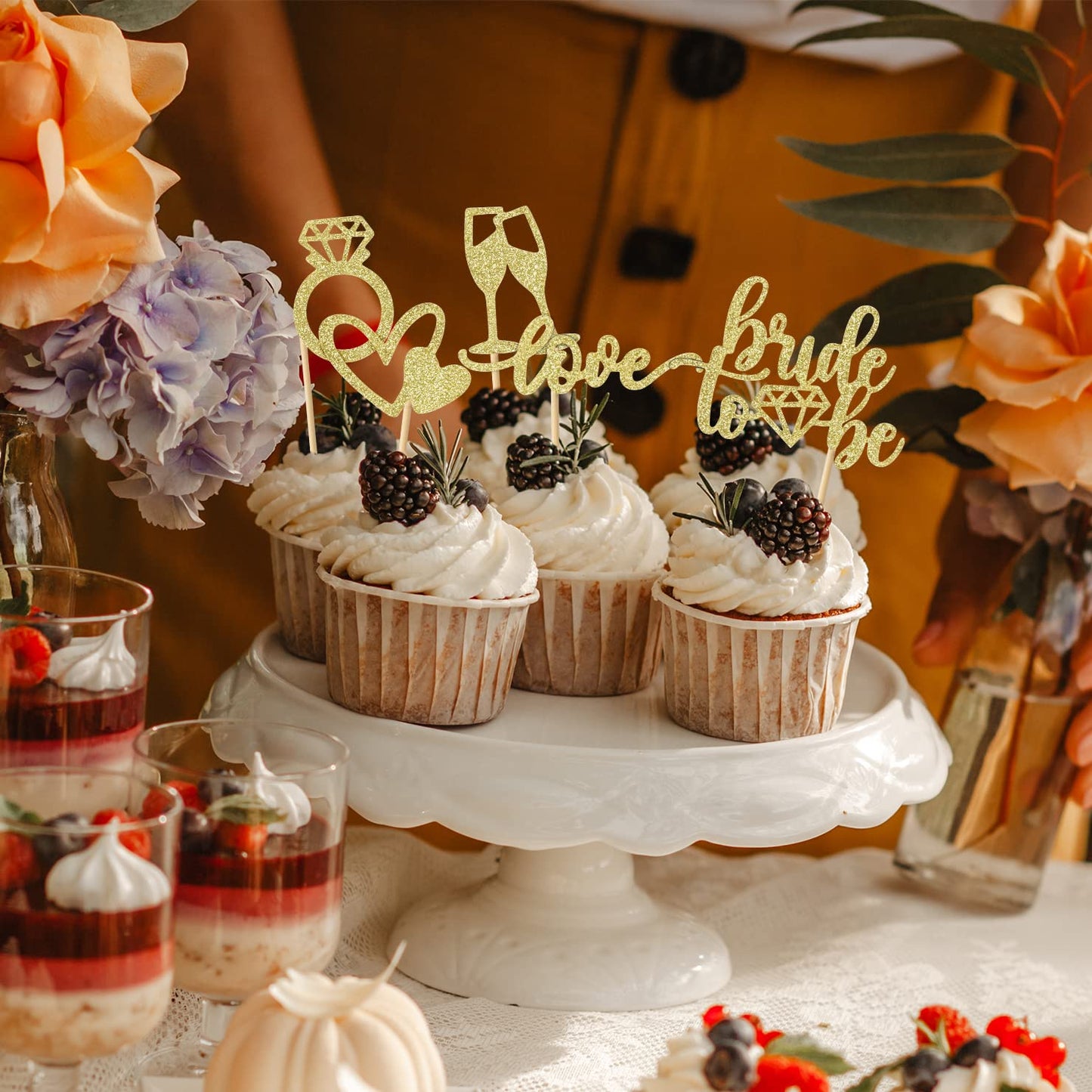 Hengmerry 35 PCS Glitter Diamond Ring Cupcake Toppers, 2.5x3.5, Bamboo, Gold for Bridal Shower Wedding Engagement Party