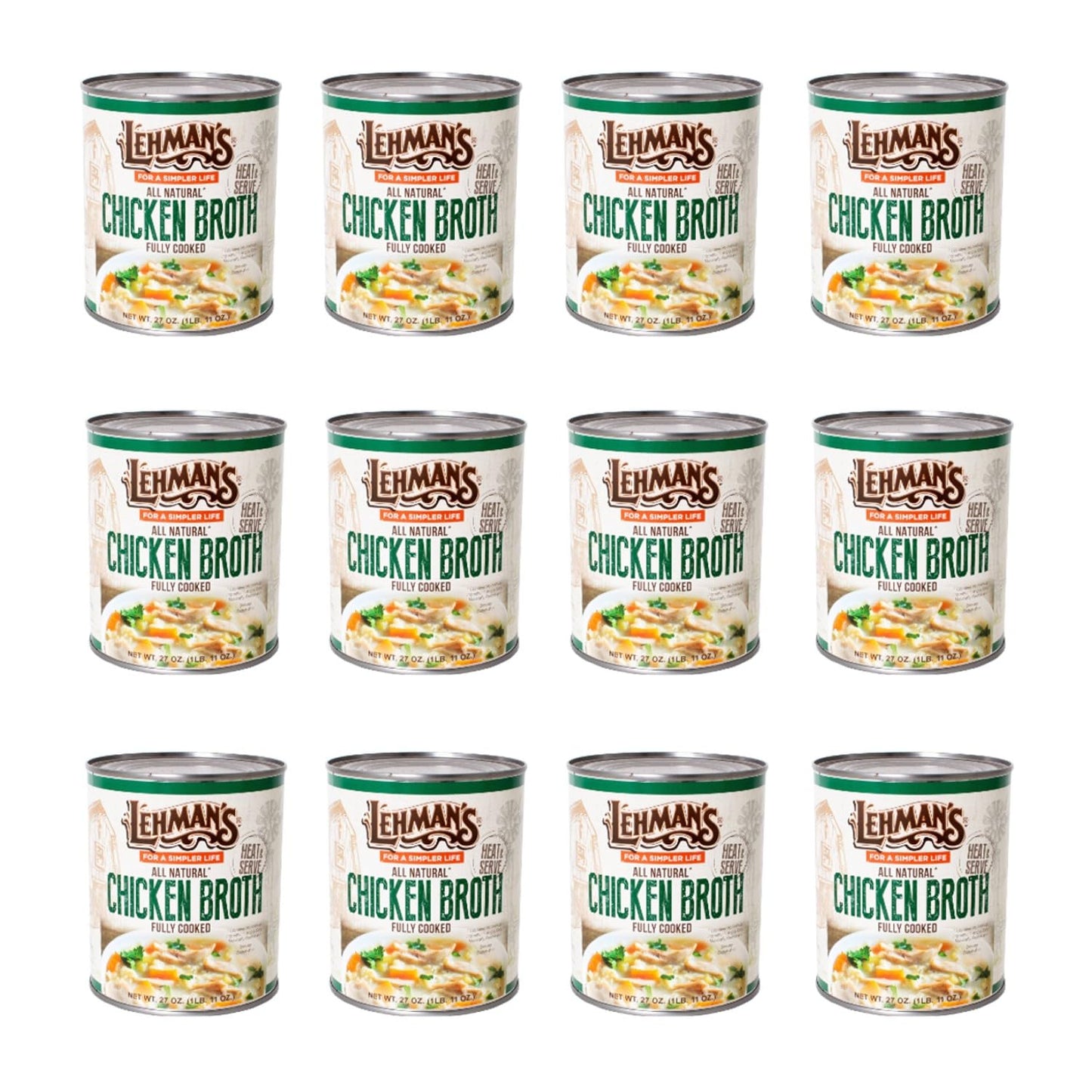 Lehmans Canned Chicken Broth, All Natural Fully Cooked Stock, 27 oz Cans, Case of 12, Multicolor
