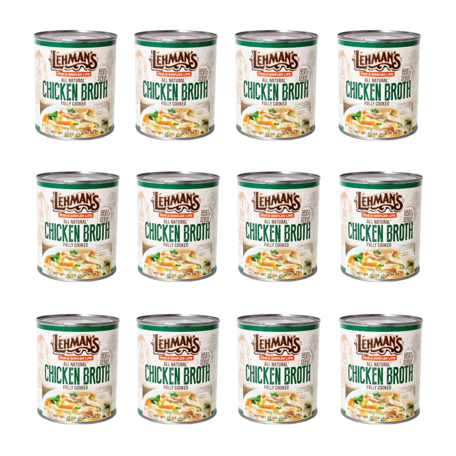 Lehmans Canned Chicken Broth, All Natural Fully Cooked Stock, 27 oz Cans, Case of 12, Multicolor