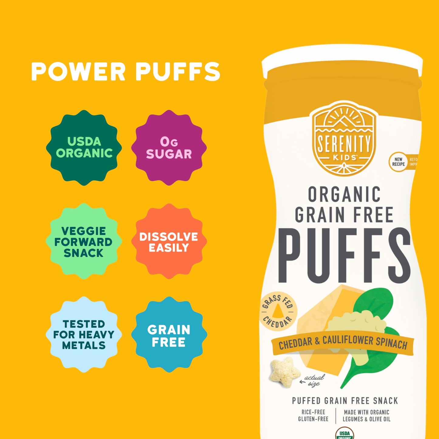 Serenity Kids 6+ Months Grain-Free Allergen-Safe Puffs For Toddlers & Babies - No Grains, Gluten, Nuts, Rice - Organic Veggies, Legumes, Olive Oil (1.5 Ounce (1 Count), Cheddar & Cauliflower Spinach)