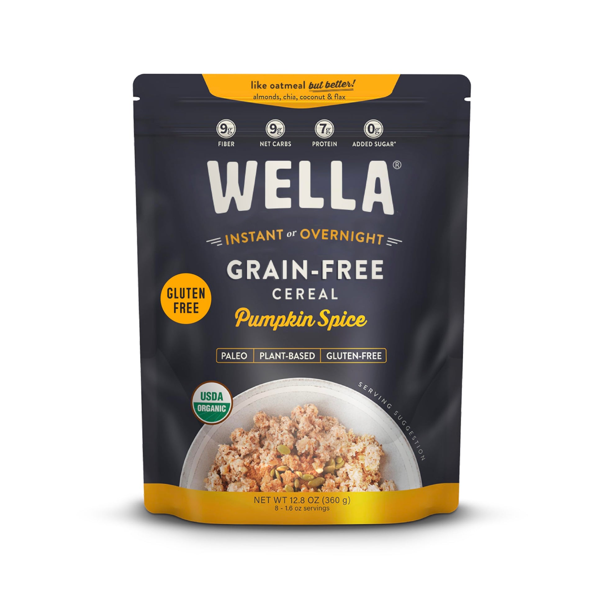 Wella Cereal Oatmeal Alternative, Gluten-Free Breakfast Hot Cereal, Grain-Free Paleo Organic Vegan High Protein Superfood, Plant-Based Non-Gmo, Low In Net Carbs, Multi-Serve Bag, Pumpkin Spice Flavor (1 Count, 12.8 Oz. Bag)