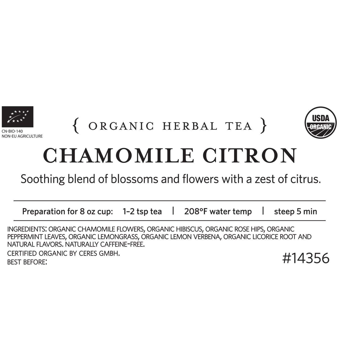 Tea Forte Chamomile Citron Herbal Tea Blend, Caffeine-Free, 1 Pound Resealable Bag, Makes 160-175 Cups, Model FO355