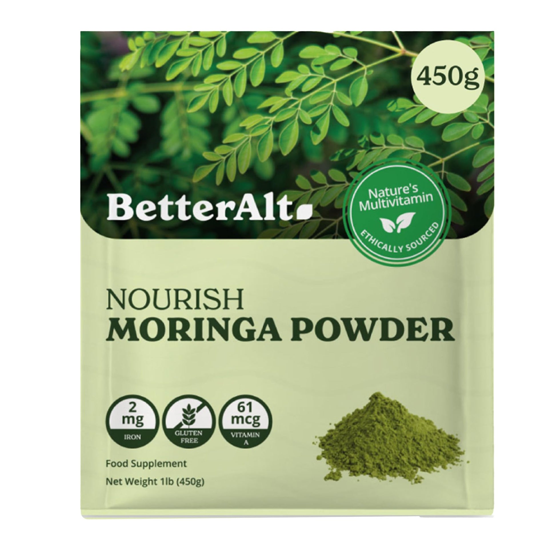 Better Alt Organic Moringa Powder, Green Superfood, 16 oz (1 lb), USDA Certified, Ideal for Smoothies, Teas, and Recipes