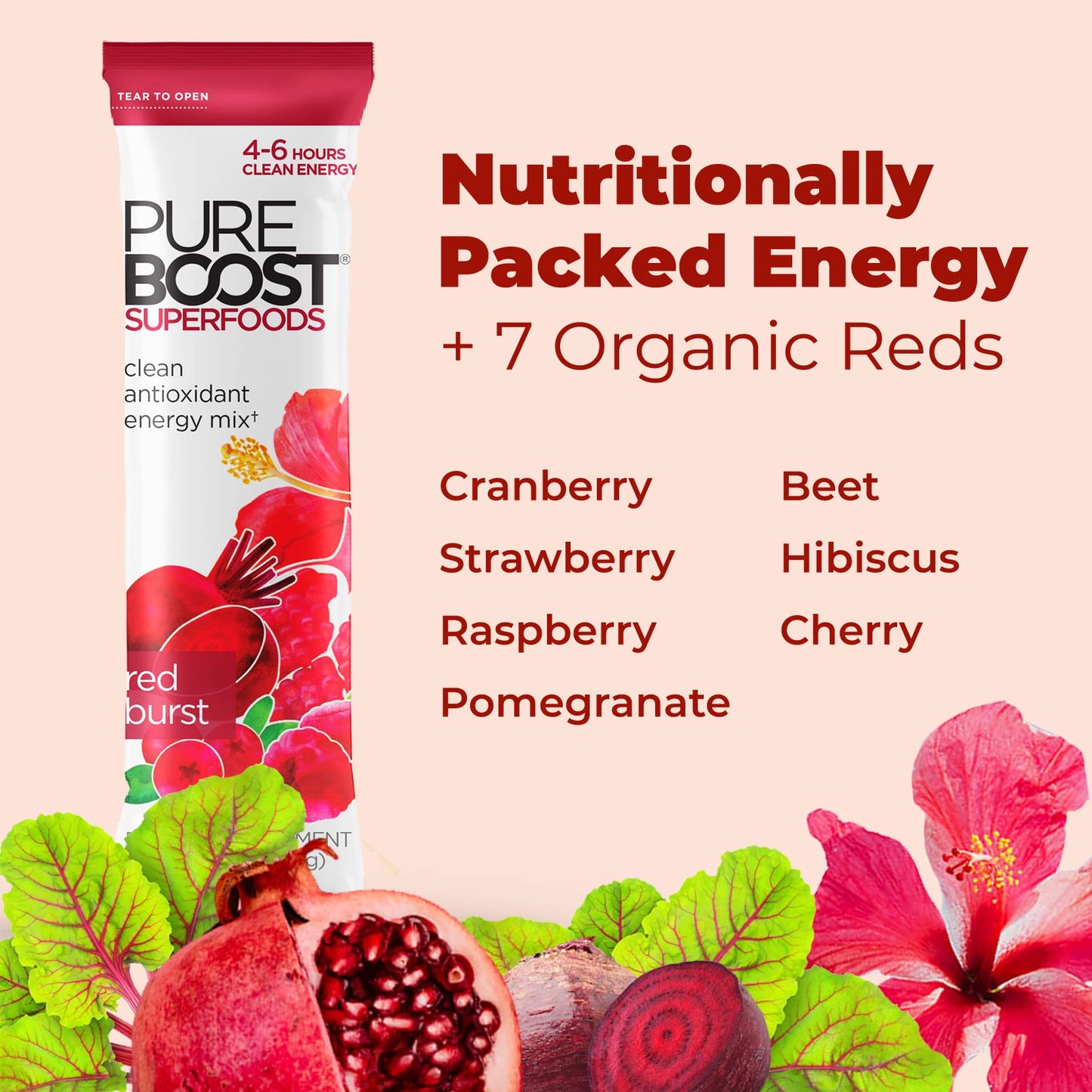 Pureboost Superfoods Clean Energy Booster Drink Mix, Sugar-Free, 30 Count, 12.17 Ounce, Red Burst Flavor
