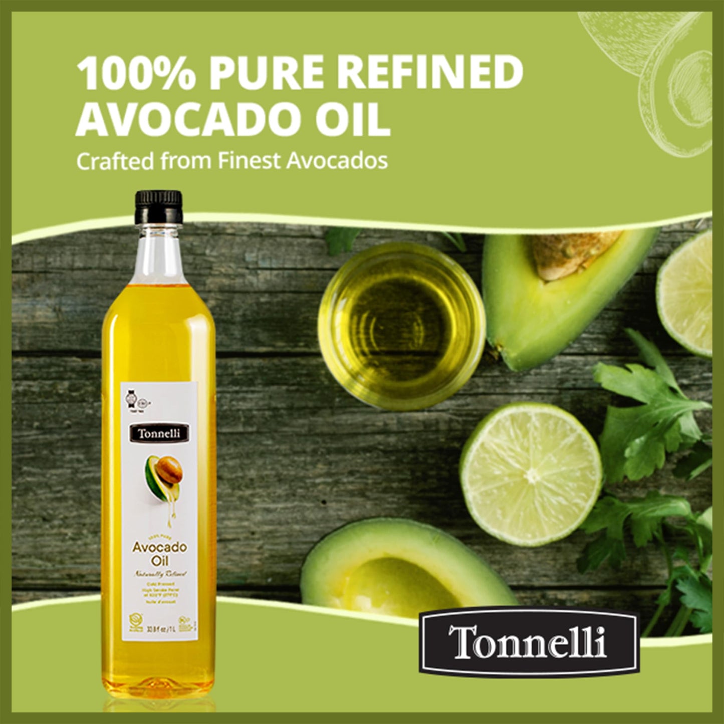 Tonnelli Premium Cold Pressed Naturally Refined Avocado Oil, 1 Liter | High Smoke Point 520F | Product Of Spain Certified Kosher