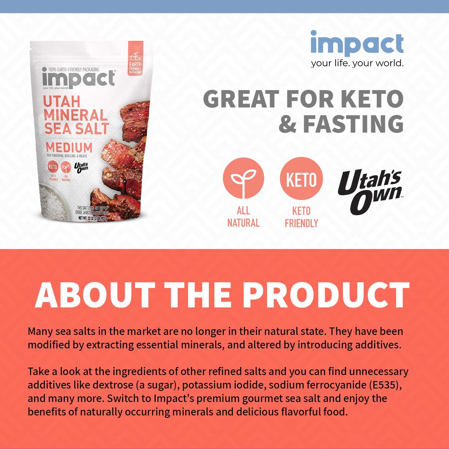 Impact Utah Mineral Sea Salt, Medium Grain, Unrefined, Non-GMO, Gluten Free, 32 Ounce