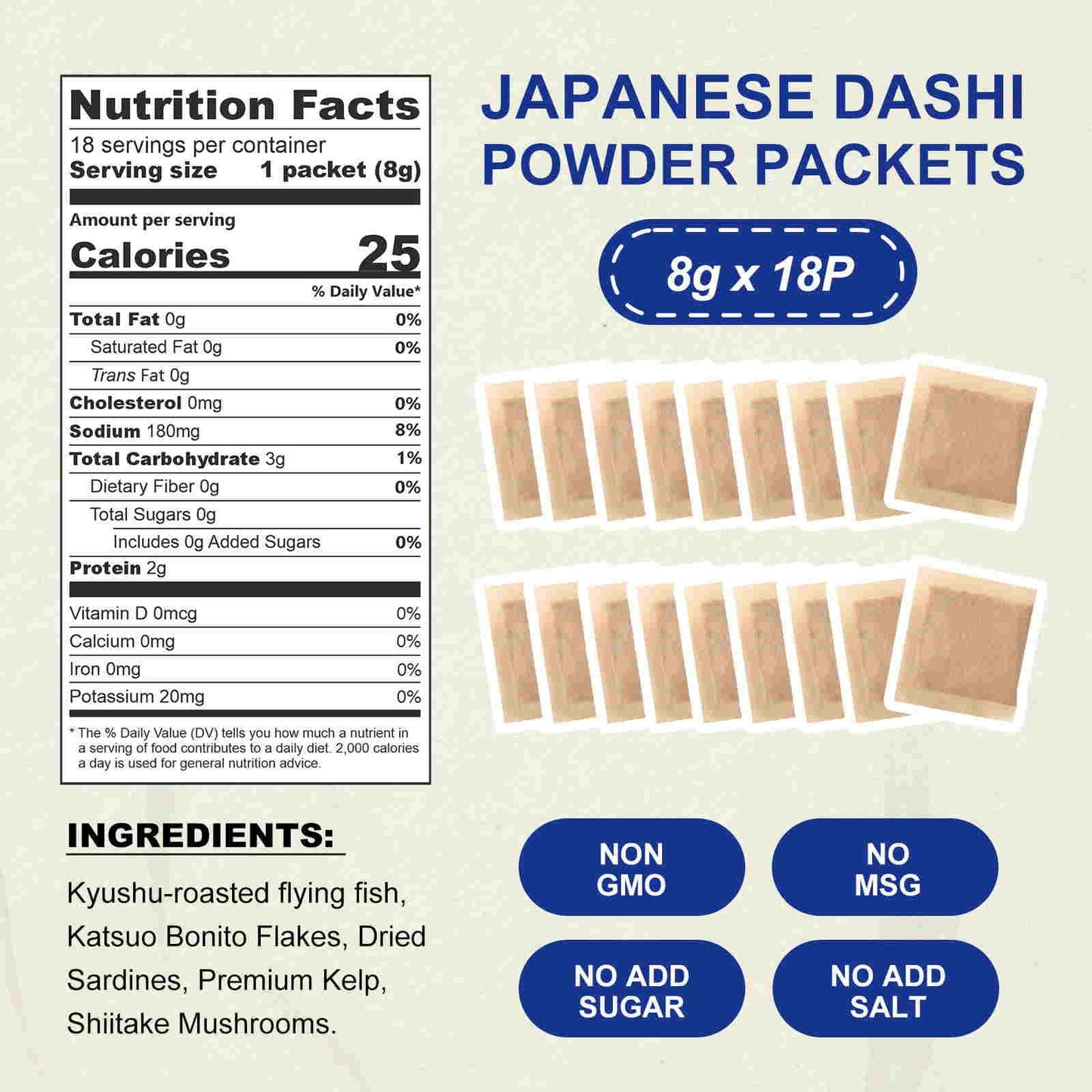 Jayuss Japanese Dashi Packet, Traditional Dashi Soup Stock 8G  18Pacs, No Msg, No Additives 5 Natural Ingredients Perfect Base F