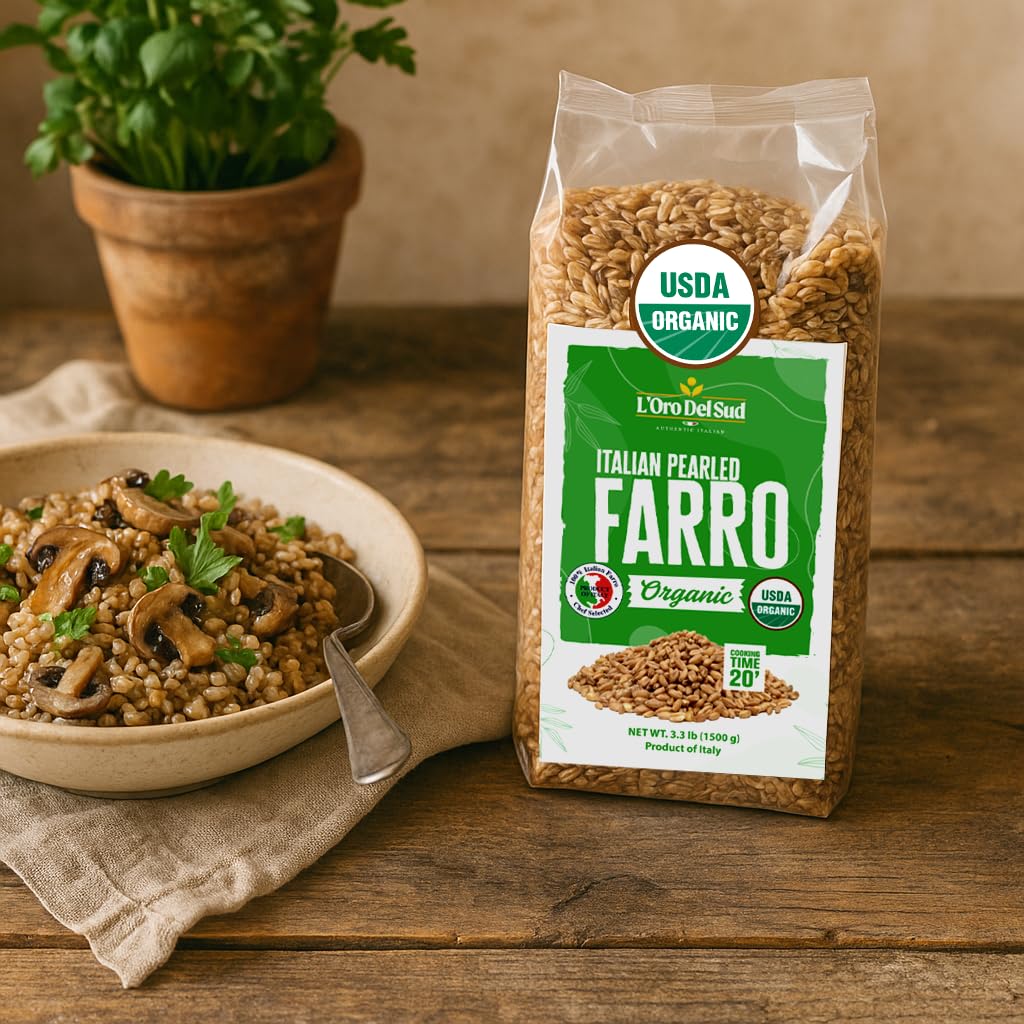 Organic Farro Pearled, 3.3 Lb (52.8 Oz), Italian Farro Perlato, Emmer Wheat, Non-Gmo, Superfood, Bulk, Protein, Fiber Rich, L'Or
