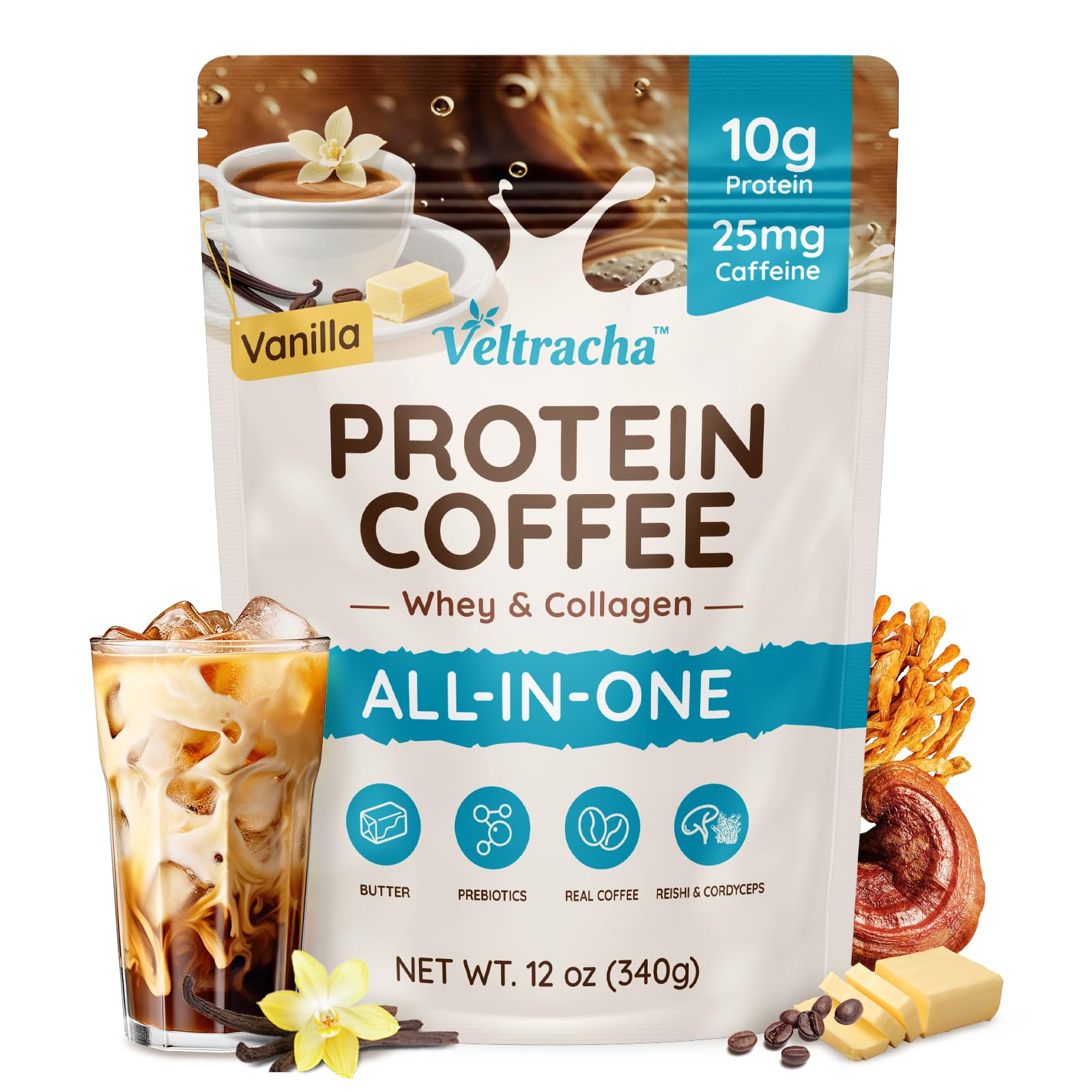 Veltracha Whey Protein Coffee, Collagen Protein Iced Coffee with Prebiotic Mushrooms & Butter, Natural Energy without Jitters - 