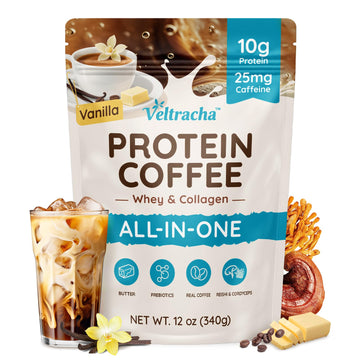 Veltracha Whey Protein Coffee, Collagen Protein Iced Coffee with Prebiotic Mushrooms & Butter, Natural Energy without Jitters - 