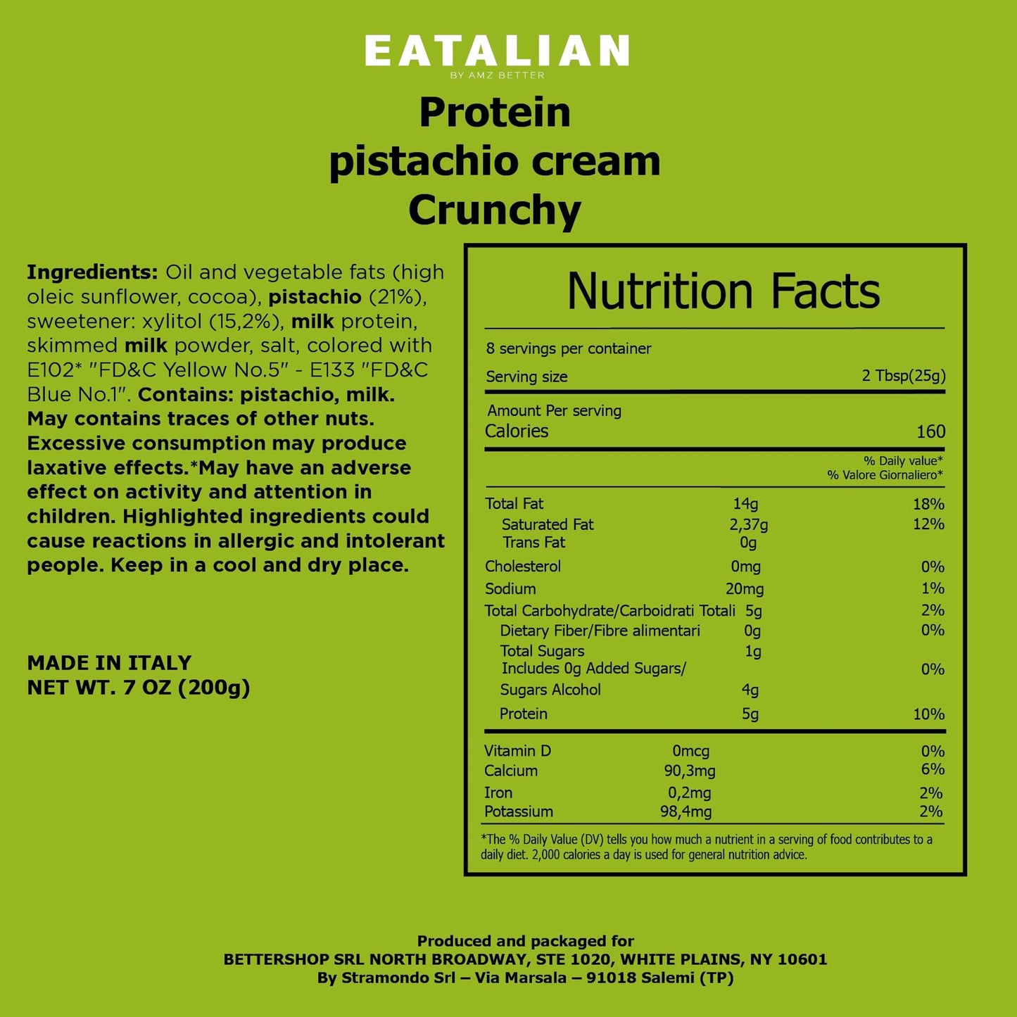 Eatalian By Amz Better Spreadable Crunchy Pistachio Protein Cream 7 Oz/200 Gr, Pistachio Cream With Grains, Protein Paste, Sweet
