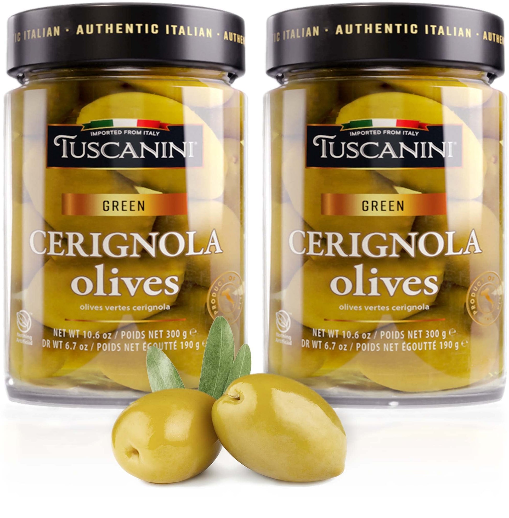 Tuscanini Premium Italian Cerignola Whole Green Jumbo Olives, 10.9Oz (2 Pack) | Mild & Smooth Flavor | Imported From Italy | Kos