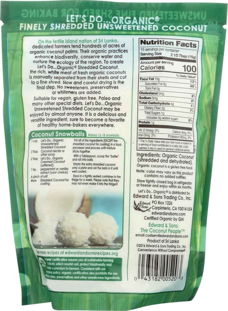 Lets Do Organic Unsweetened Coconut Shredded, Fine Shred, 8 oz (2 Pack)