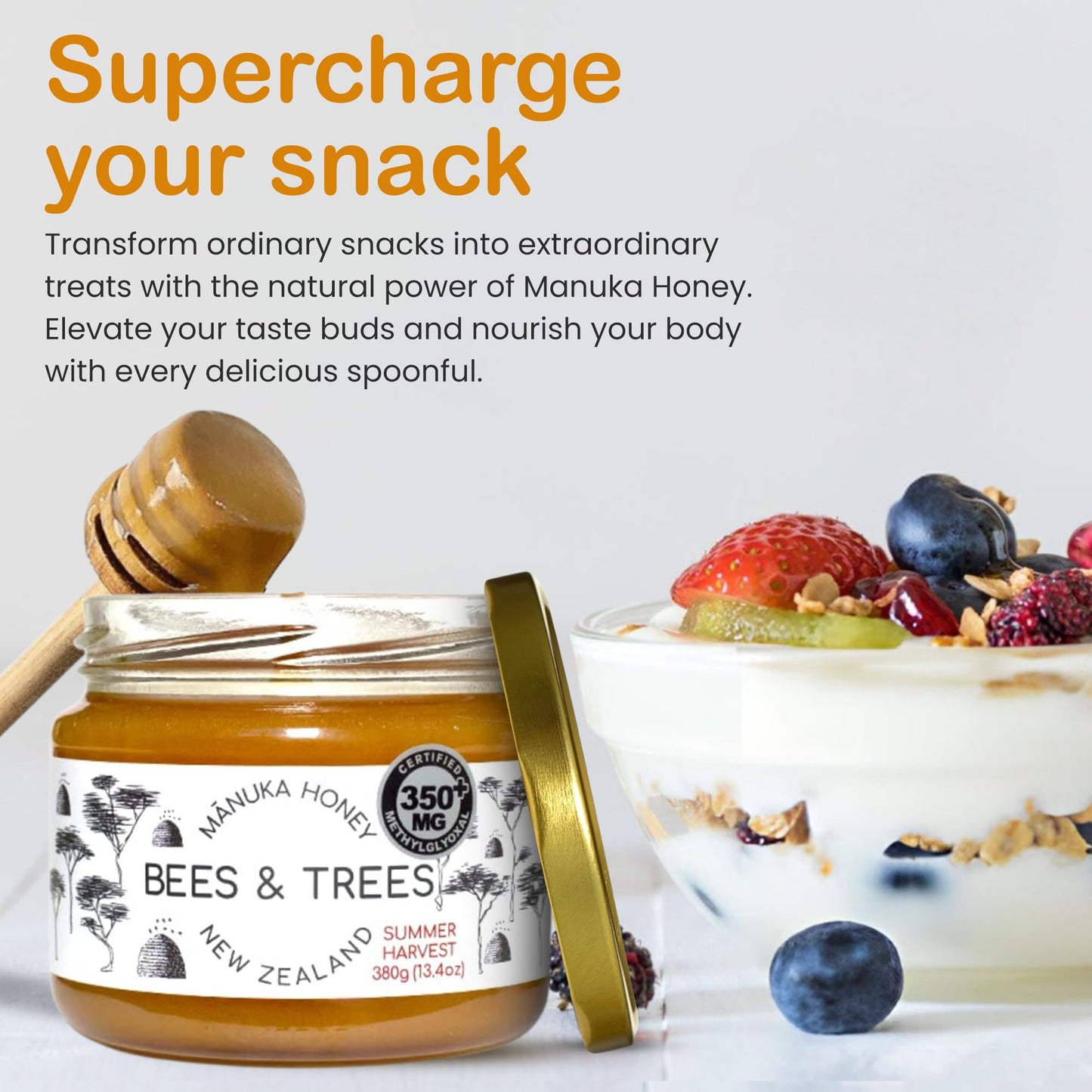 Bees & Trees Manuka Honey Medium Activity Certified 350+ Methylglyoxal - 100% Pure New Zealand Monofloral, Raw & Unpasteurized -