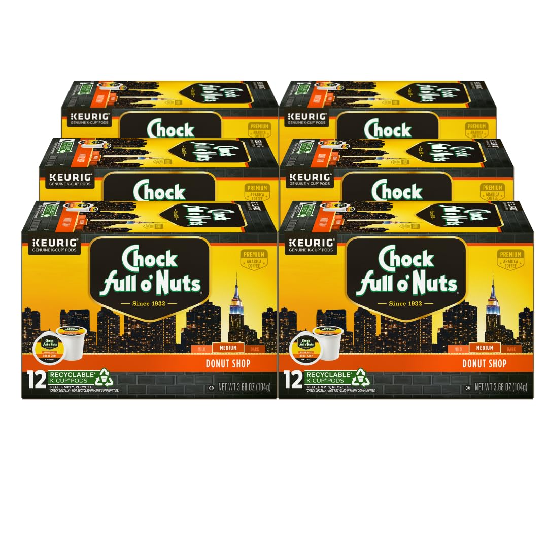 Chock Full oNuts Donut Shop Coffee, Compatible with K-Cup Pods, 12 Count, Pack of 6
