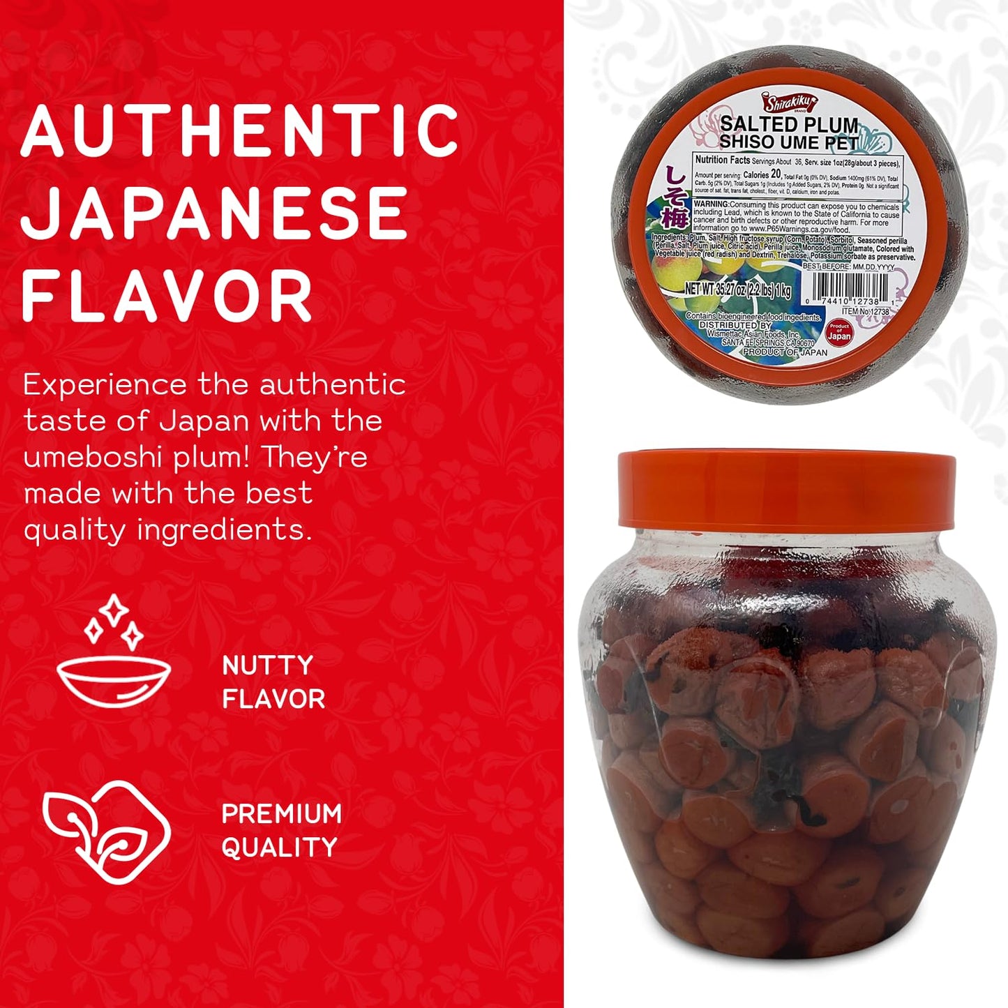 Shirakiku Salted Plums Shiso Ume PET | Japanese Umeboshi Plums for Vinaigrettes, Noodles, Sandwiches, & Rice Balls | High Fructo