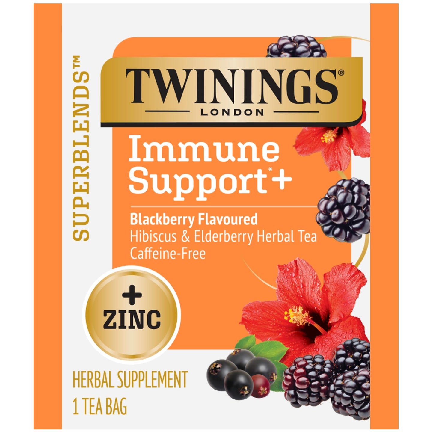 Twinings Herbal Tea - Superblends Immune Support+ Zinc, Blackberry Flavoured, Caffeine-Free, 16 Count (Pack of 6)