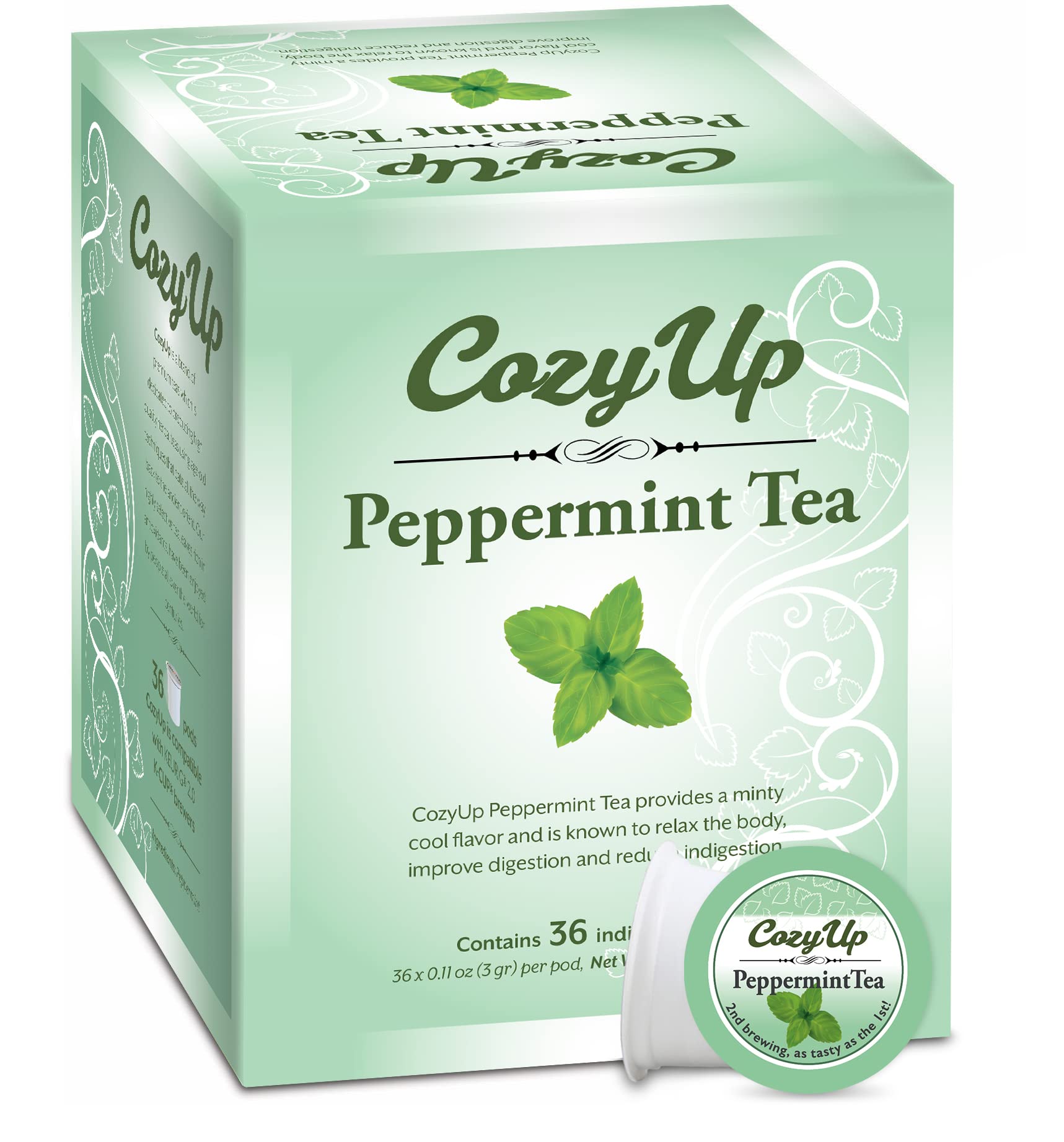 Cozy Up Peppermint Tea Pods Compatible with Keurig K-Cup Brewers, Caffeine-Free, 36 Count