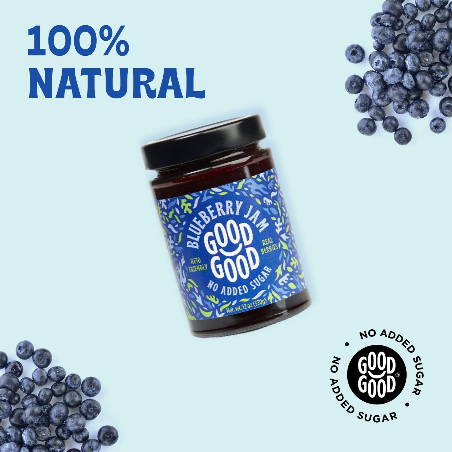GOOD GOOD No Added Sugar Blueberry Jam - Keto Friendly Jelly - Low Carb, Low-Calorie and Vegan - Diabetic Friendly - 12oz / 330g