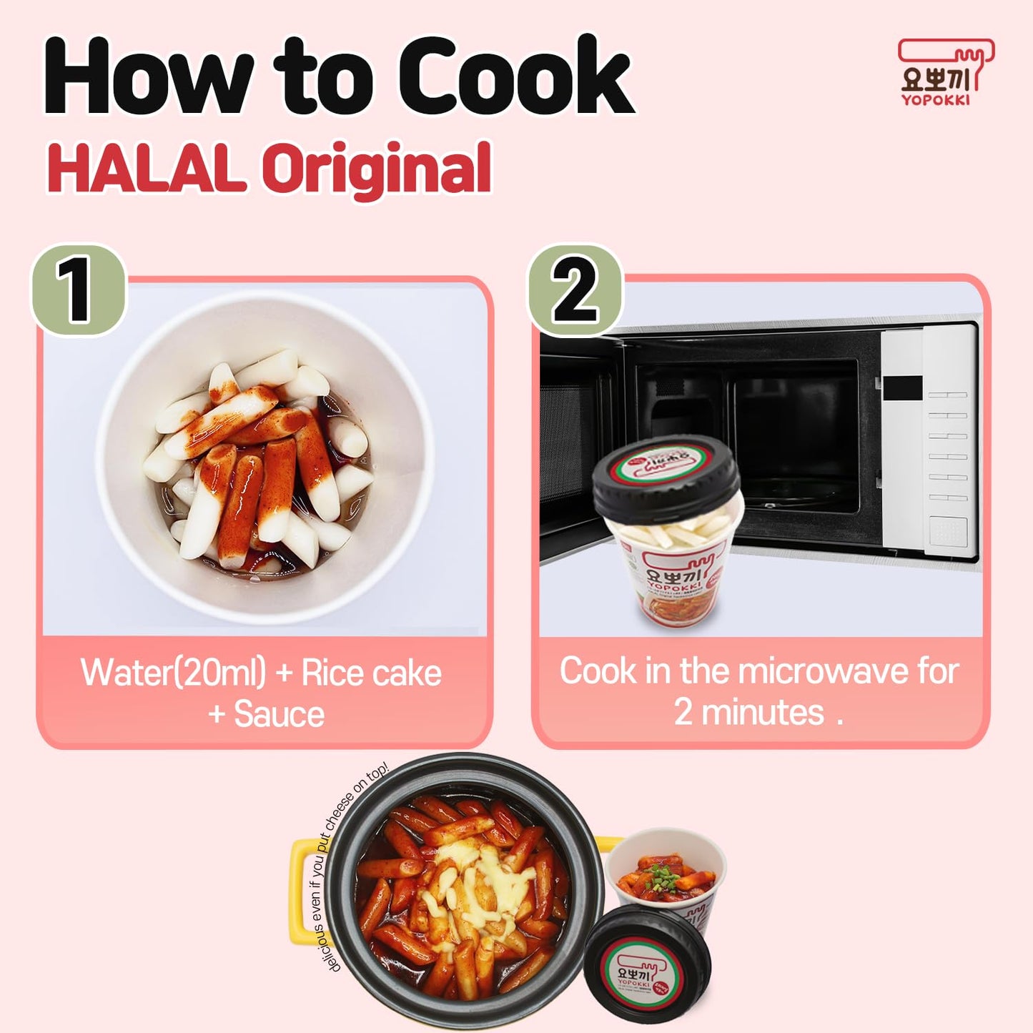 Yopokki Halal Tteokbokki Cup (Original, 2-Pack) - Microwaveable Korean Rice Cake with Mild & Savory Sauce - Quick, Easy, and Hal