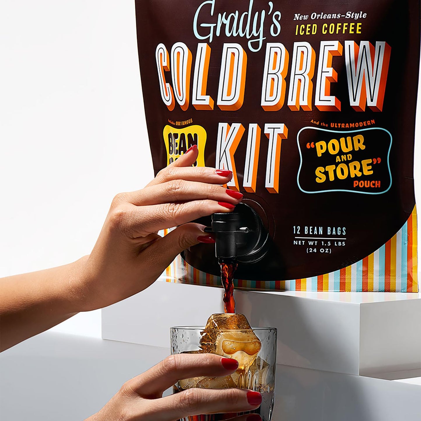 Gradys Cold Brew New Orleans Style Coffee & Chicory Pouches, All-in-One Kit, 24 Ounce, Makes 36 Drinks, Original