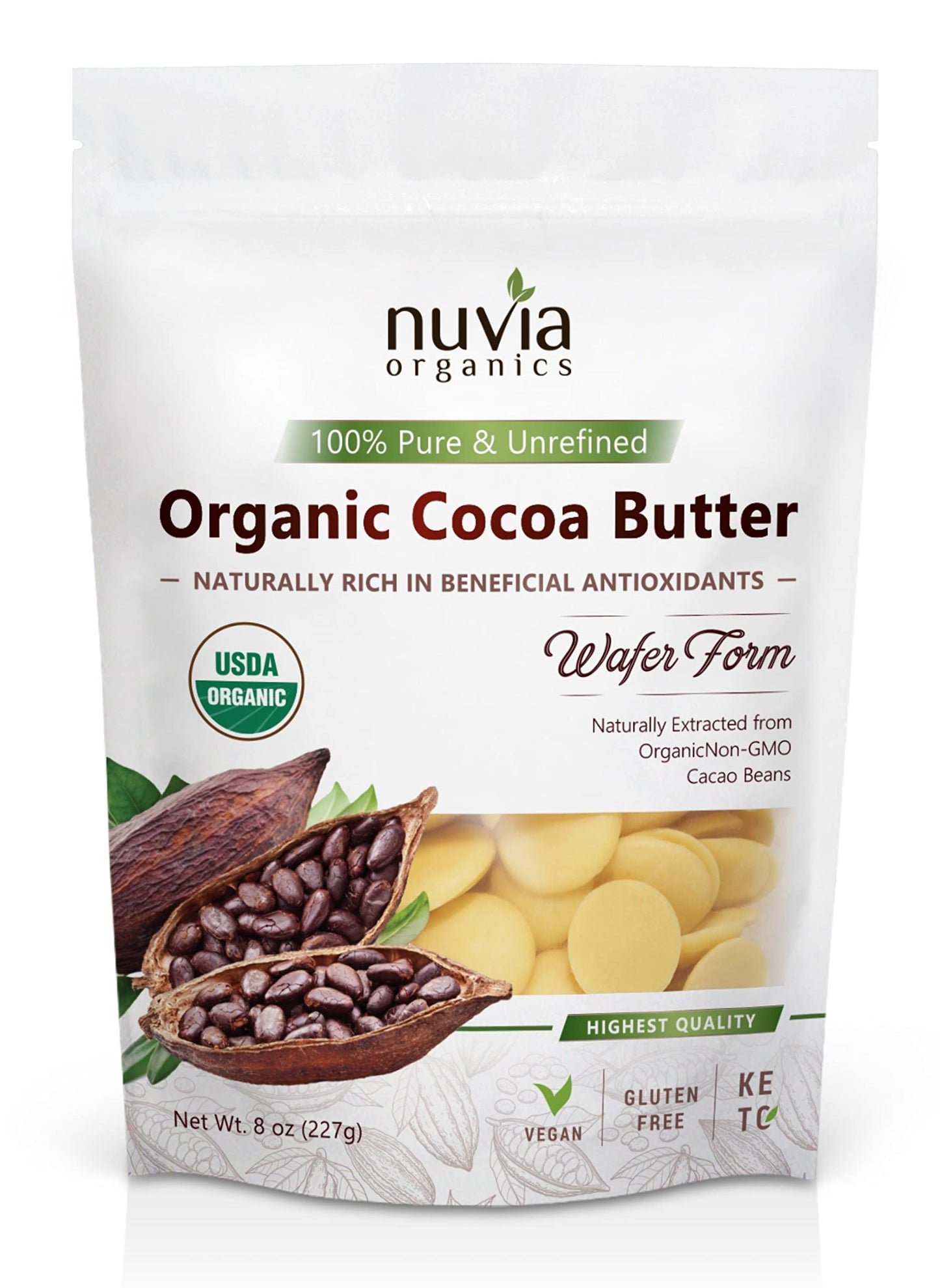 Nuvia Organics Cocoa Butter - 100% Organic, Non-GMO, Gluten-Free, 8oz Wafer Form