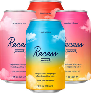Recess Mood Magnesium & Adaptogen Drink, Relaxation Beverage, 12 Ounce (Paradise Sampler Variety Pack, 12 Pack)