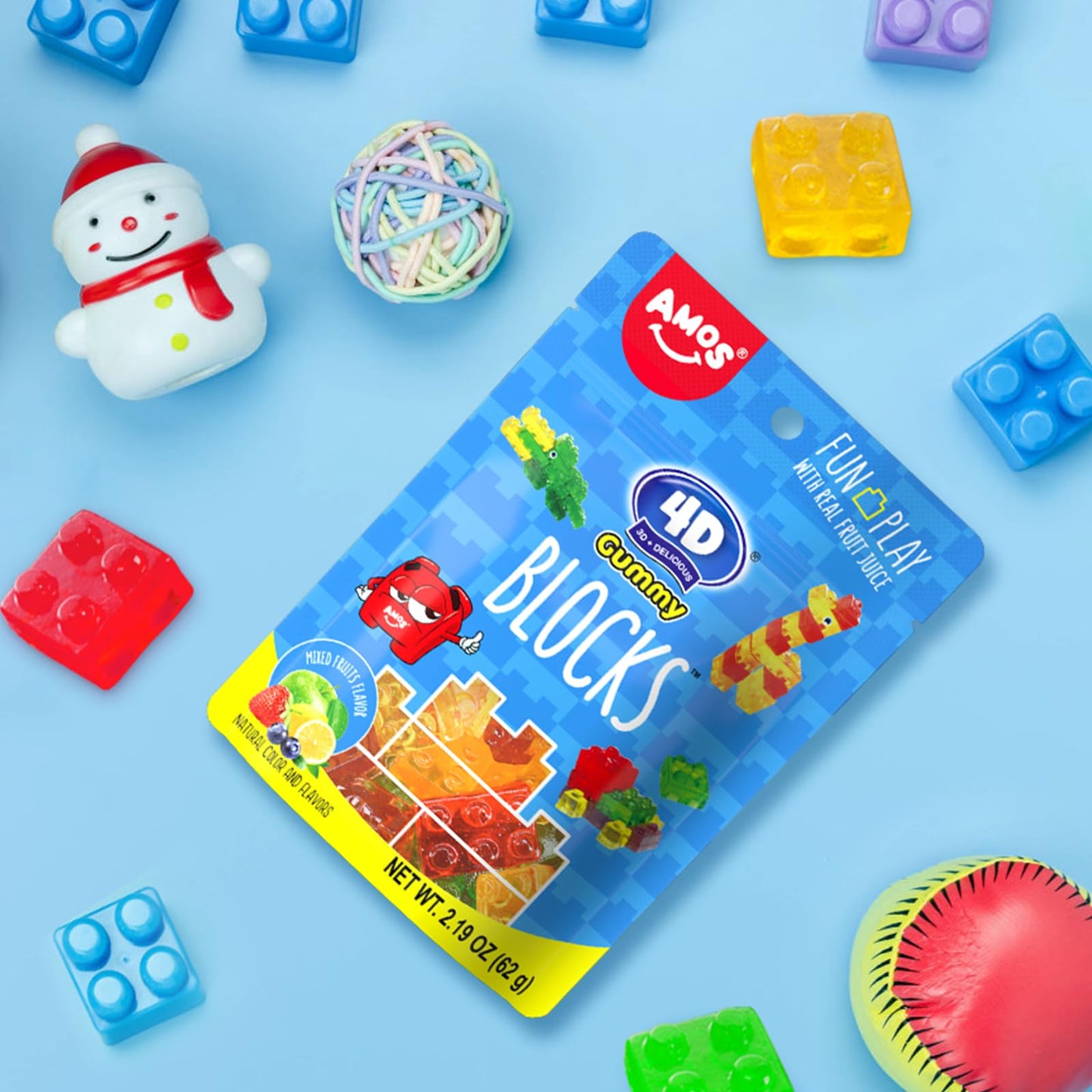 Amos 4D Gummy Blocks Candy Bricks, Natural Flavor Themed Novelty Candy For Kids Birthday Party, Cupcake Topper, Resealable 2.19O