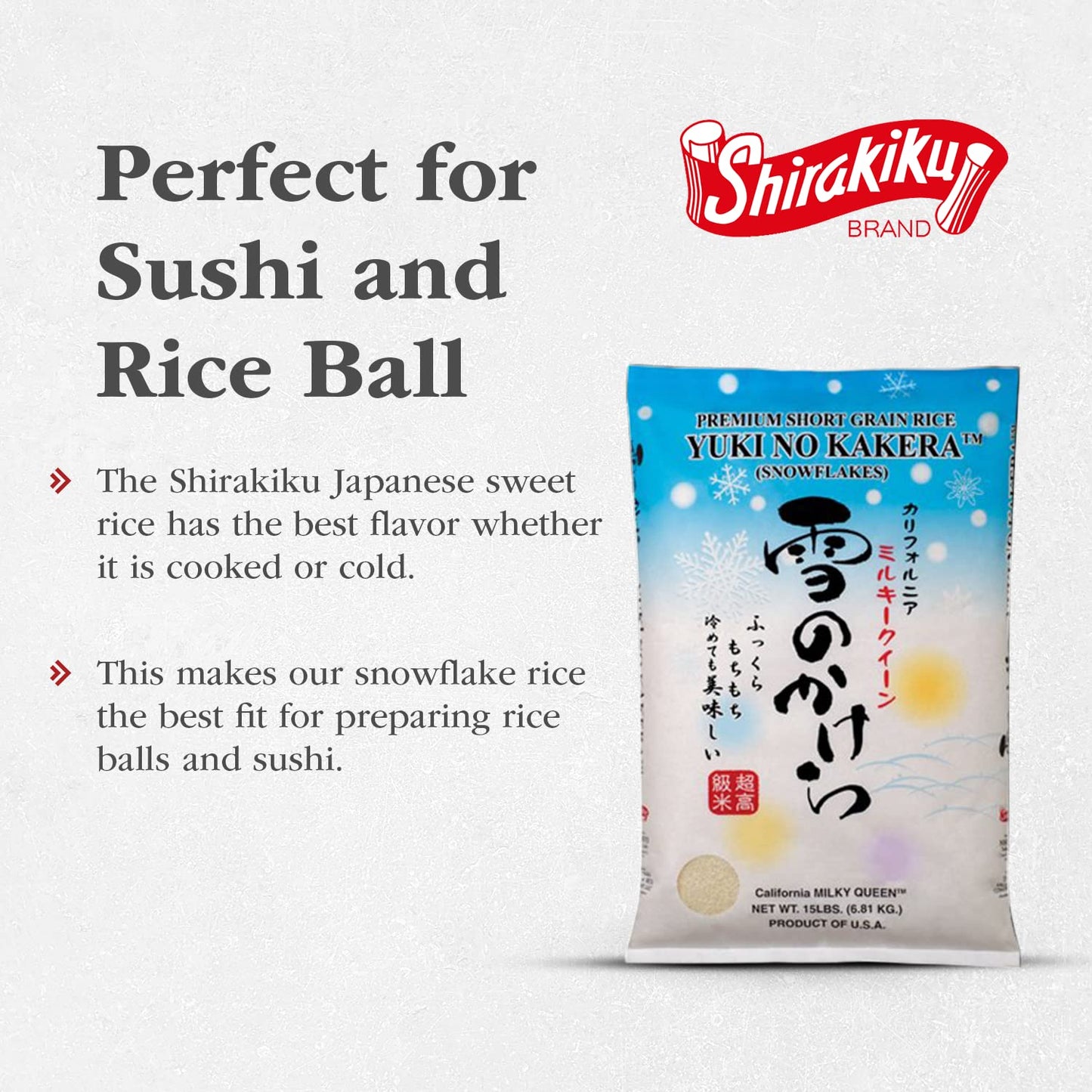 Shirakiku Yuki No Kakera Premium Dried Short Grain Rice | Soft & Fluffy Sweet Sticky Snowflake Sushi Rice | California Milky Que