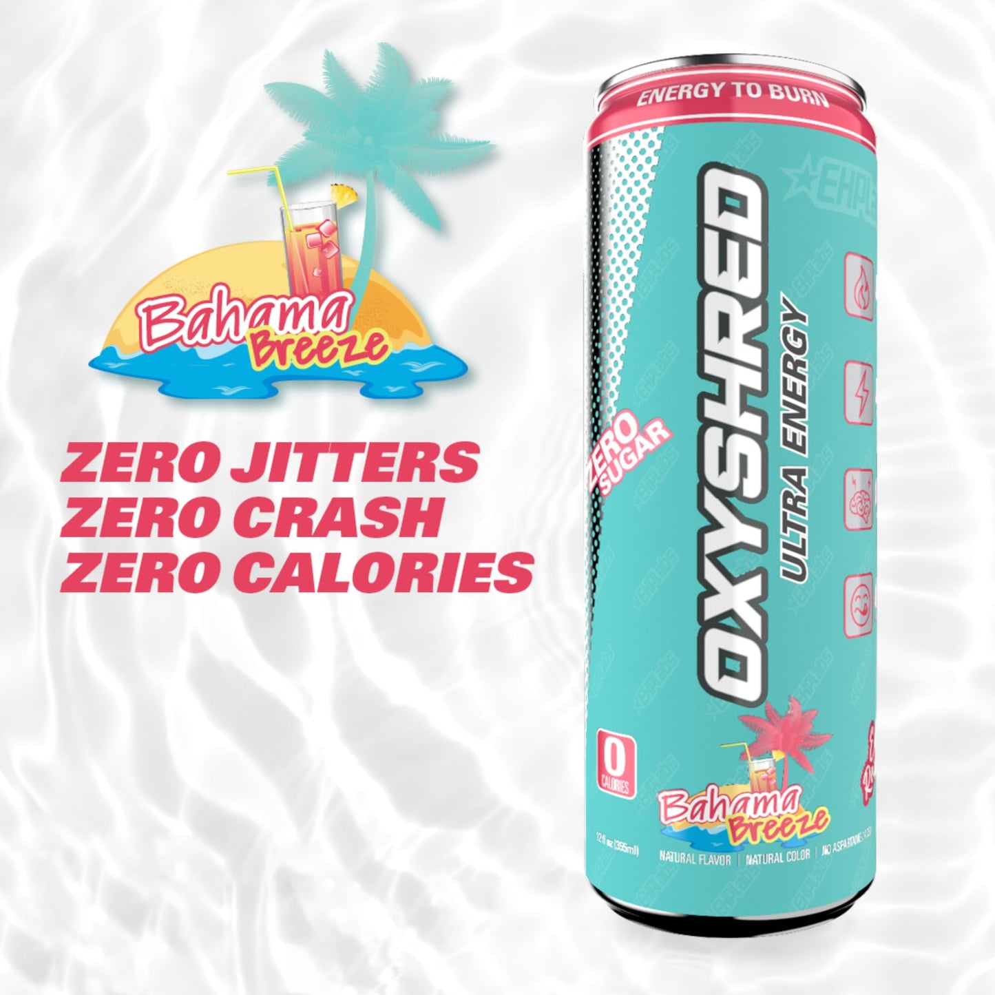 EHPlabs OxyShred Ultra Energy Drink - Carbonated, Zero Sugar, Natural Caffeine, Bahama Breeze, 12-Pack