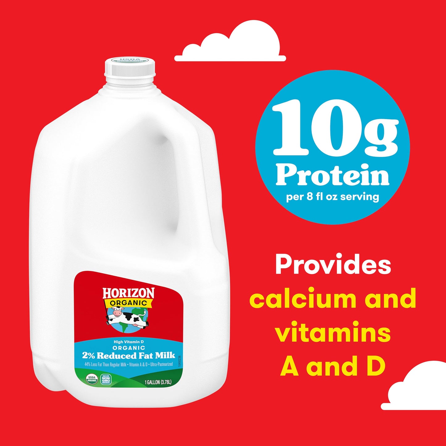 Horizon Organic High Vitamin D 2 Percent Milk, Creamy High Vitamin D Reduced Fat Milk, 128 fl oz Gallon Jug