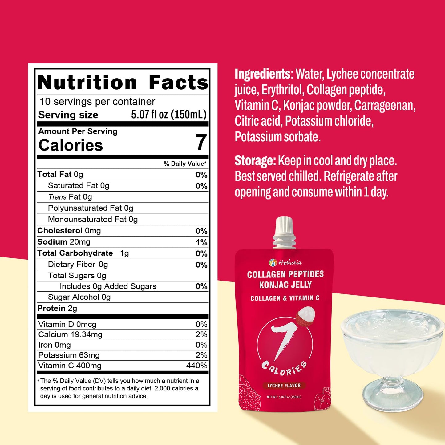 Hethstia Konjac Jelly Squeeze Pouch Lychee Flavor, 10 Packs, 7 Calories, Sugar Free, Gluten Free, Keto, Collagen Peptides, Vitam